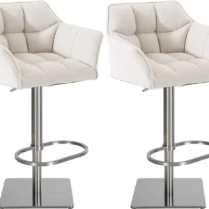 Lot de 2 tabourets de bar réglable en tissu blanc assise enveloppante capitonnée avec base carrée en acier inoxydable 10_0...