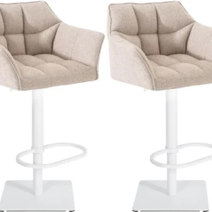 Lot de 2 tabourets de bar réglable en tissu crème assise enveloppante capitonnée avec base carrée en métal blanc 10_0006623