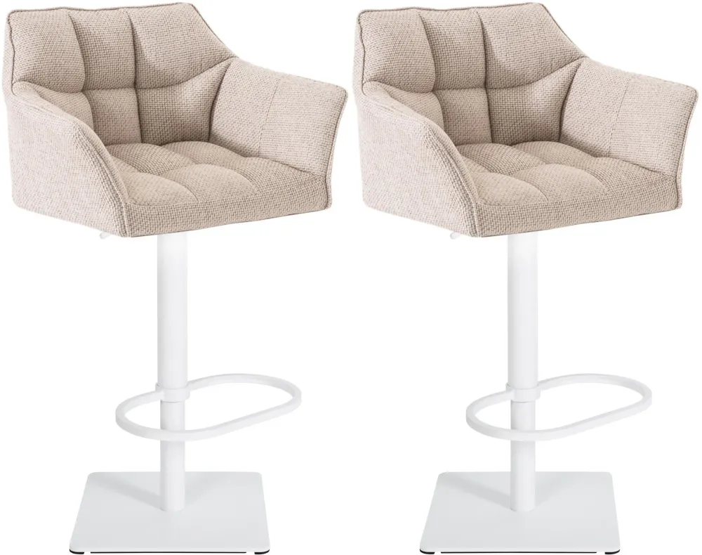 Lot de 2 tabourets de bar réglable en tissu crème assise enveloppante capitonnée avec base carrée en métal blanc 10_0006623