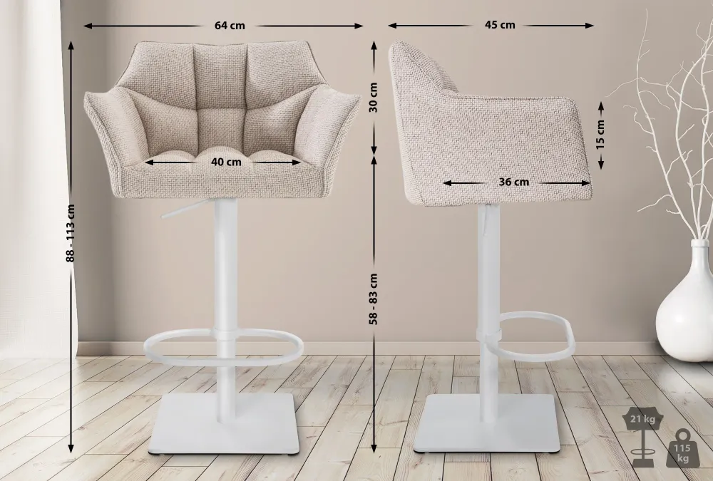 Lot de 2 tabourets de bar réglable en tissu crème assise enveloppante capitonnée avec base carrée en métal blanc 10_0006623