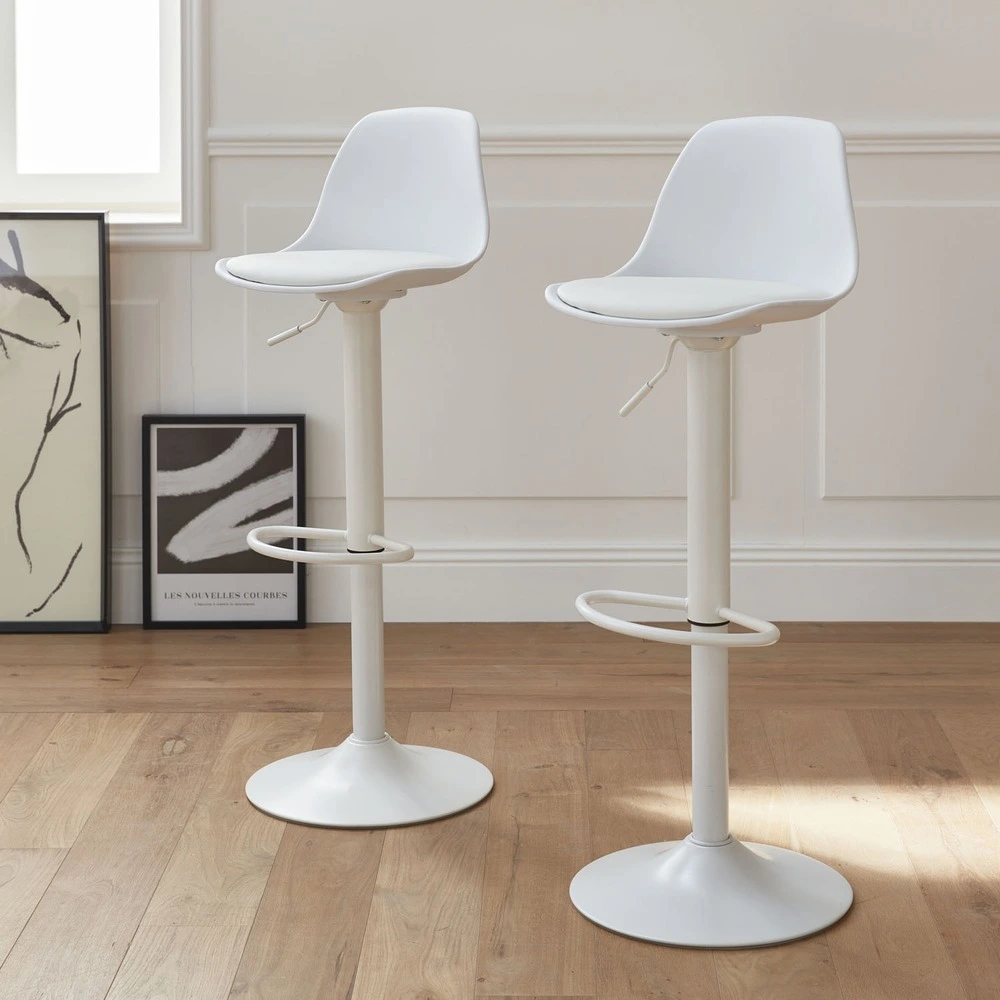 Lot de 2 tabourets de bar réglables 61.5/83.5cm - noah - simili cuir blanc - hauteur réglable. Repose-pieds