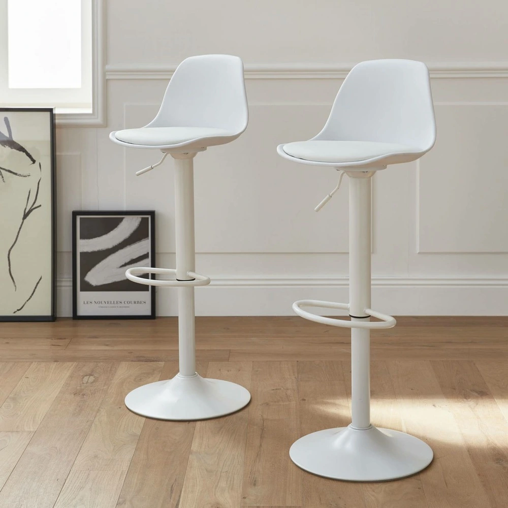 Lot de 2 tabourets de bar réglables 61.5/83.5cm - noah - simili cuir blanc - hauteur réglable. Repose-pieds