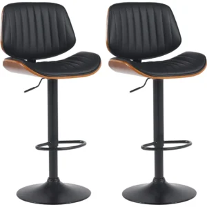 Lot de 2 tabourets de bar style rétro contemporain assise en tissu noir bois noyer et cadre métal noir 10_0006821