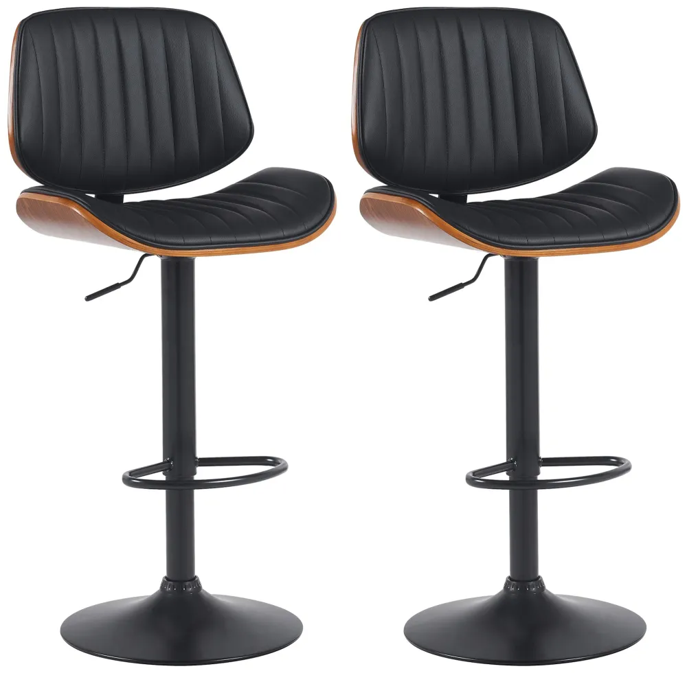 Lot de 2 tabourets de bar style rétro contemporain assise en tissu noir bois noyer et cadre métal noir 10_0006821