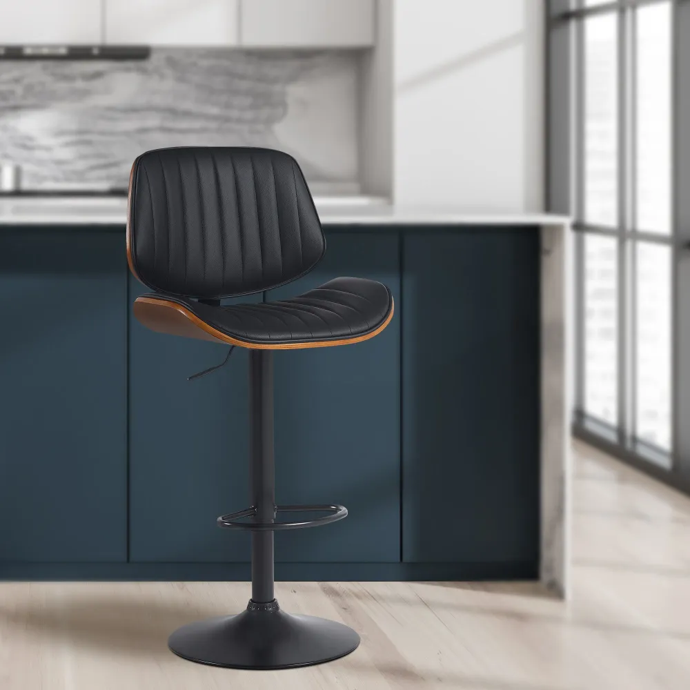 Lot de 2 tabourets de bar style rétro contemporain assise en tissu noir bois noyer et cadre métal noir 10_0006821