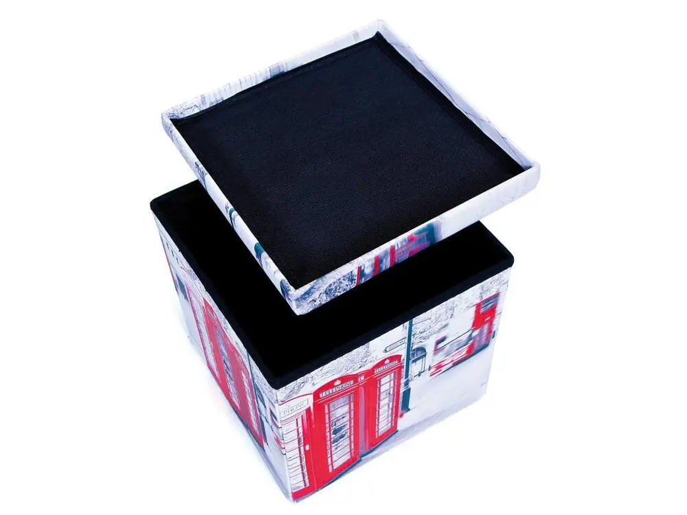 Sanne Tabouret de rangement, pliable avec couvercle, crème, rouge, noir, blanc.