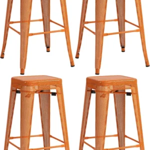 Set de 4 tabourets de bar avec repose-pieds design industriel empilable en métal perforé orange 10_0004512