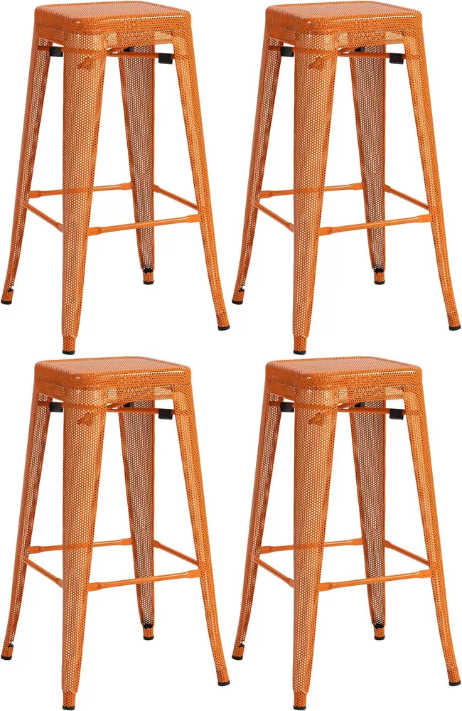 Set de 4 tabourets de bar avec repose-pieds design industriel empilable en métal perforé orange 10_0004512