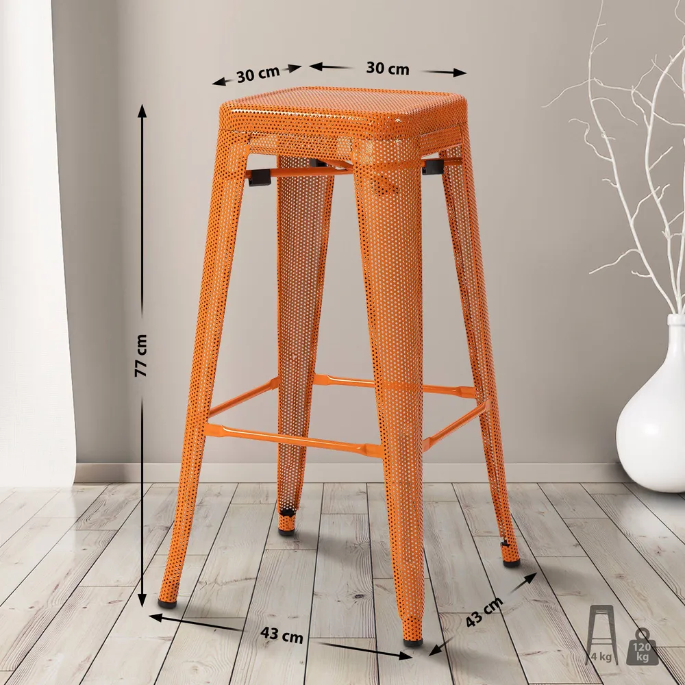Set de 4 tabourets de bar avec repose-pieds design industriel empilable en métal perforé orange 10_0004512