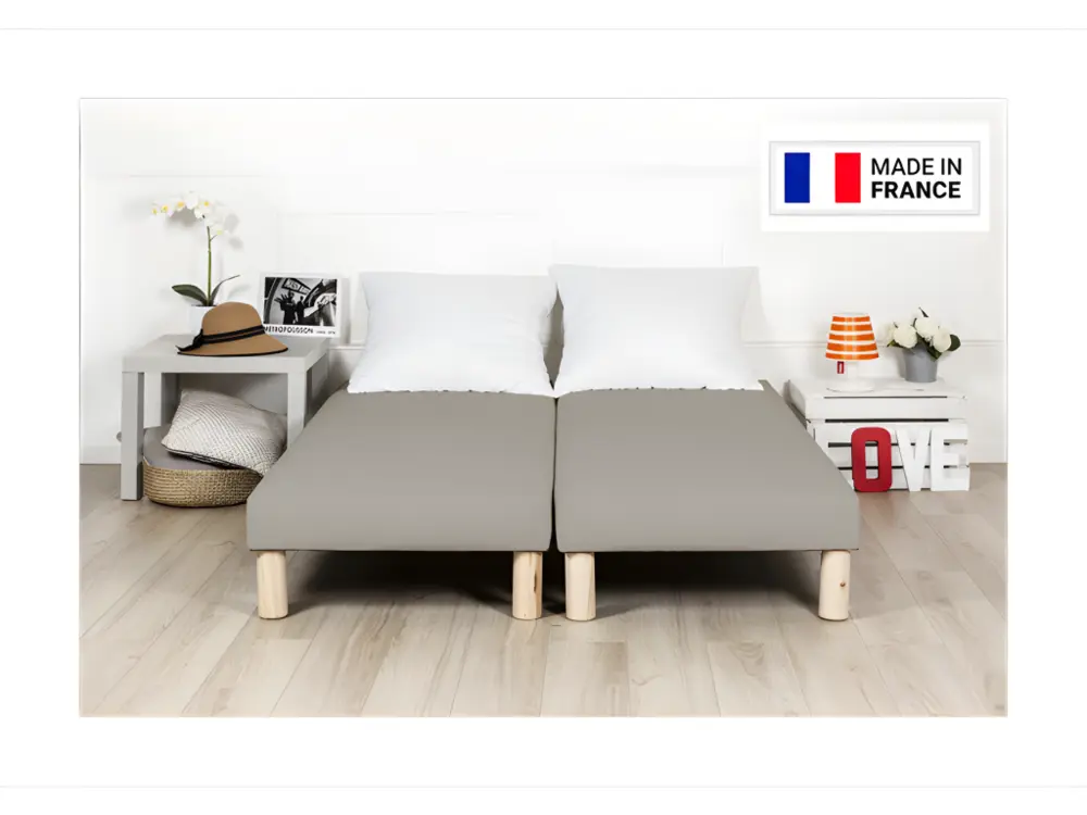 Sommier tapissier 140x200cm (70x200x2) gris fabrique en france + pieds Set d'organisation 5 pièces