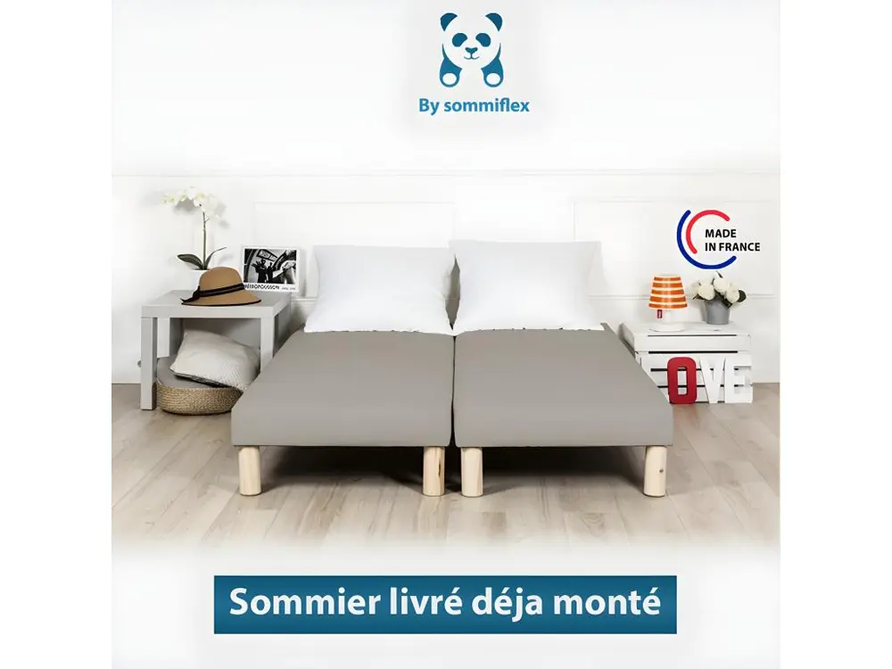 Sommier tapissier 140x200cm (70x200x2) gris fabrique en france + pieds Set d'organisation 5 pièces