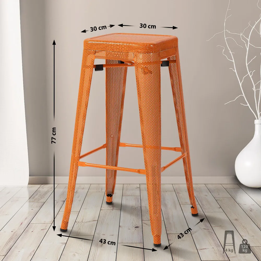 Tabouret de bar avec repose-pieds design industriel empilable en métal perforé orange 10_0004870