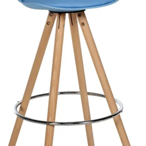 Tabouret de bar chaise haute x1 repose-pieds style scandinave en plastique et VINYLE bleu structure en bois clair 10_0004623