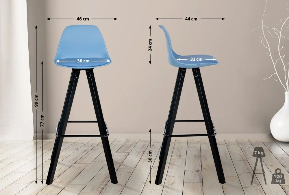 Tabouret de bar chaise haute x1 repose-pieds style scandinave en plastique et VINYLE bleu structure en bois noir carré 10_...