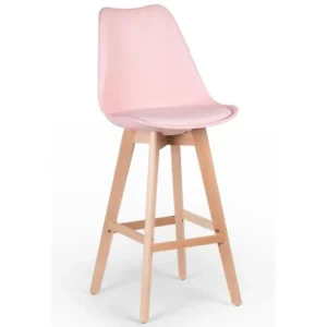 Tabouret haut nordique coussin simili cuir rose évident et pieds hêtre clair Tula 76cm