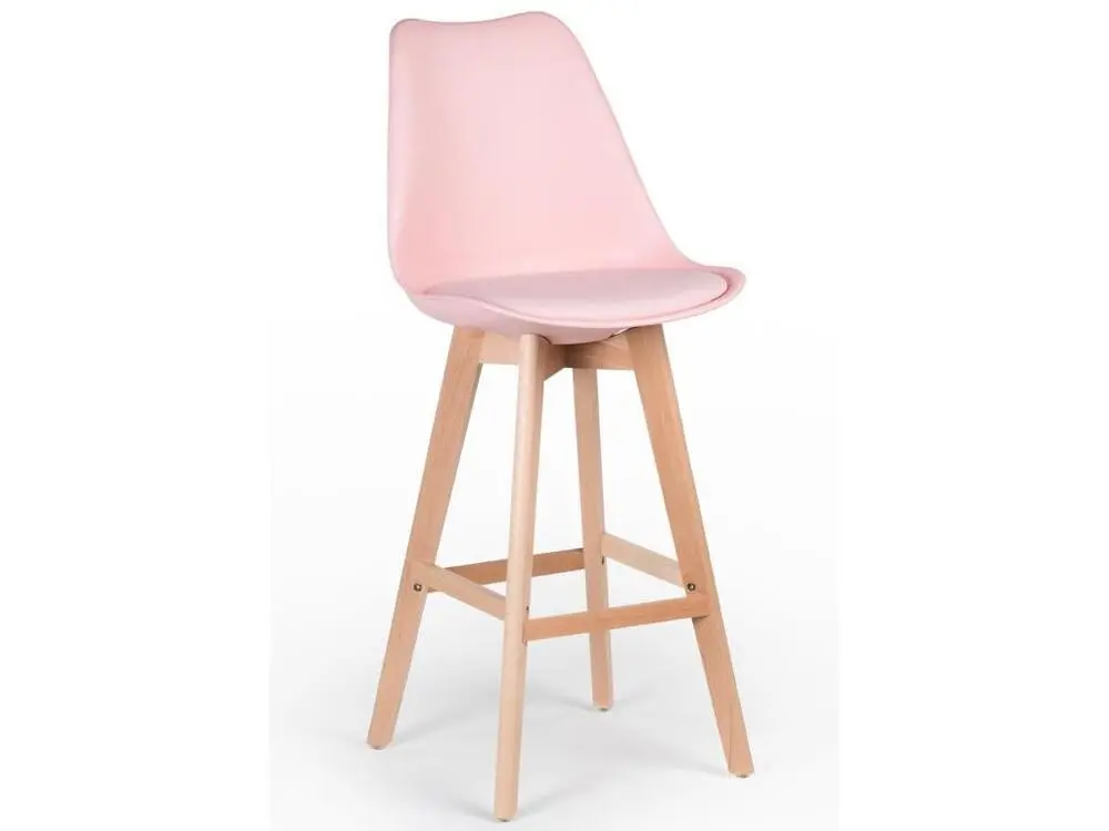 Tabouret haut nordique coussin simili cuir rose évident et pieds hêtre clair Tula 76cm