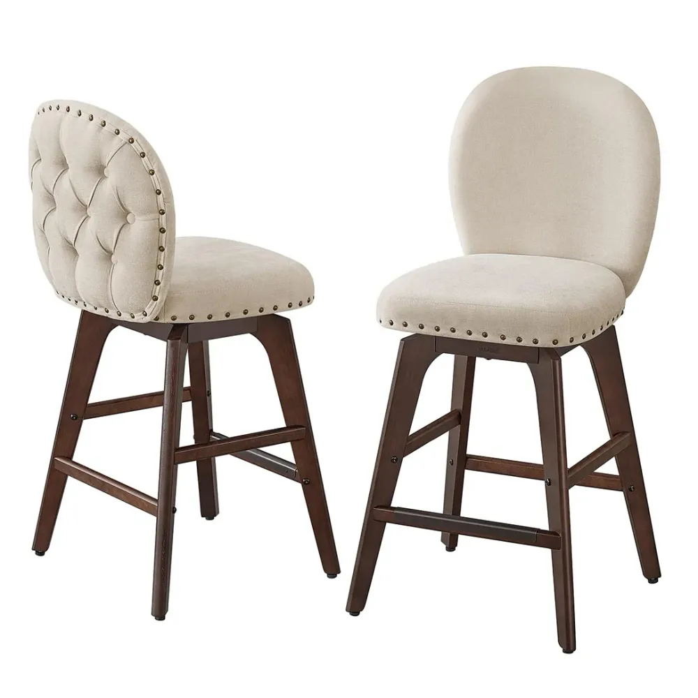 Tabourets de bar lot de 2 pivotants avec dossier et pieds en bois assise en tissu chenille hauteur d’assise 665 cm pour îl...
