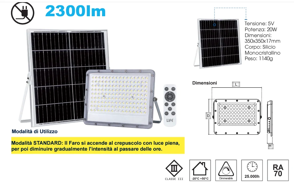 PROIETTORE SOLARE LED FB2-200 20W 4000K 2300LM 39.9FB2200N LIFE en Aluminium anodisé